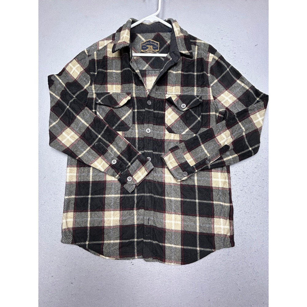 Freedom Foundry Flannel Shirt 100% Polyester Plaid Black Grey Tan Red Small Mens